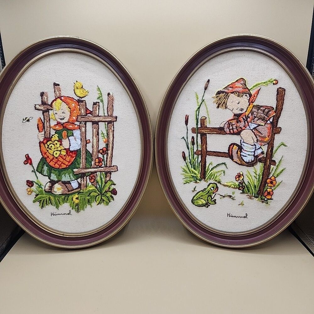 Hummel Needlepoint Peasant Children Complete Framed Boy Girl 70s Paragon MCM